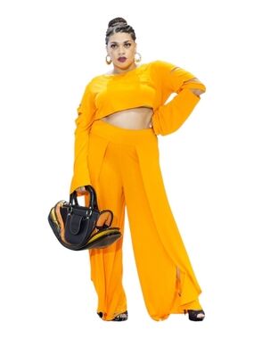 Plus-Size Orange Wide-Leg Pants — High-Rise Draped Trousers